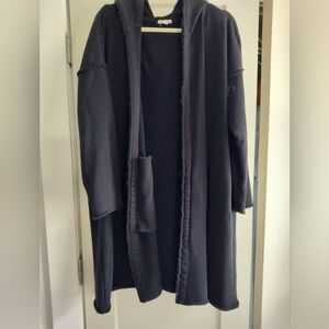 Eileen Fisher Cotton Sweatshirt Fleece Hooded Long Cardigan, Size L, Black